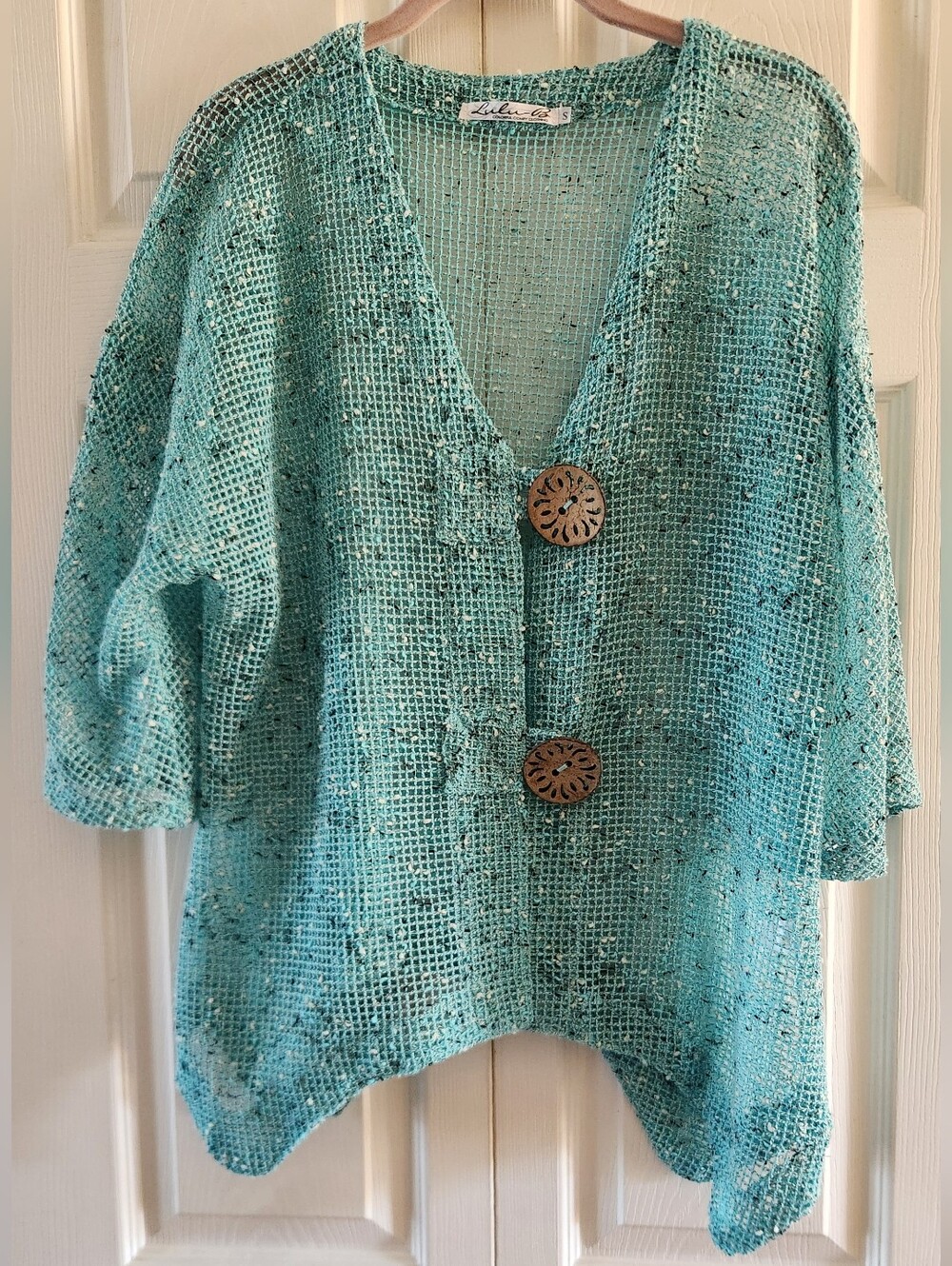 Lulu-B Teal Open Knit Swim Coverup with Wooden Buttons